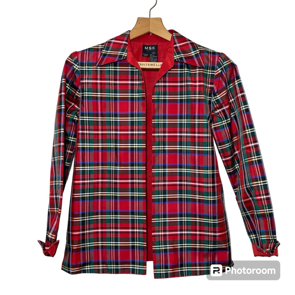MSK Red Green Tartan Plaid Silk Blend Holiday open front blazer. Women’s Small